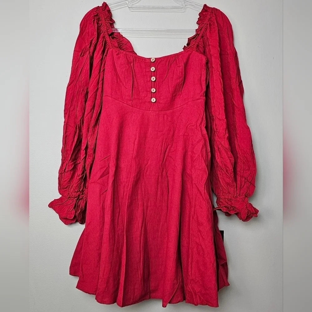 Lulus Make The Call Red Button-Up Long Sleeve Square Neck w Pockets Mini Dress S